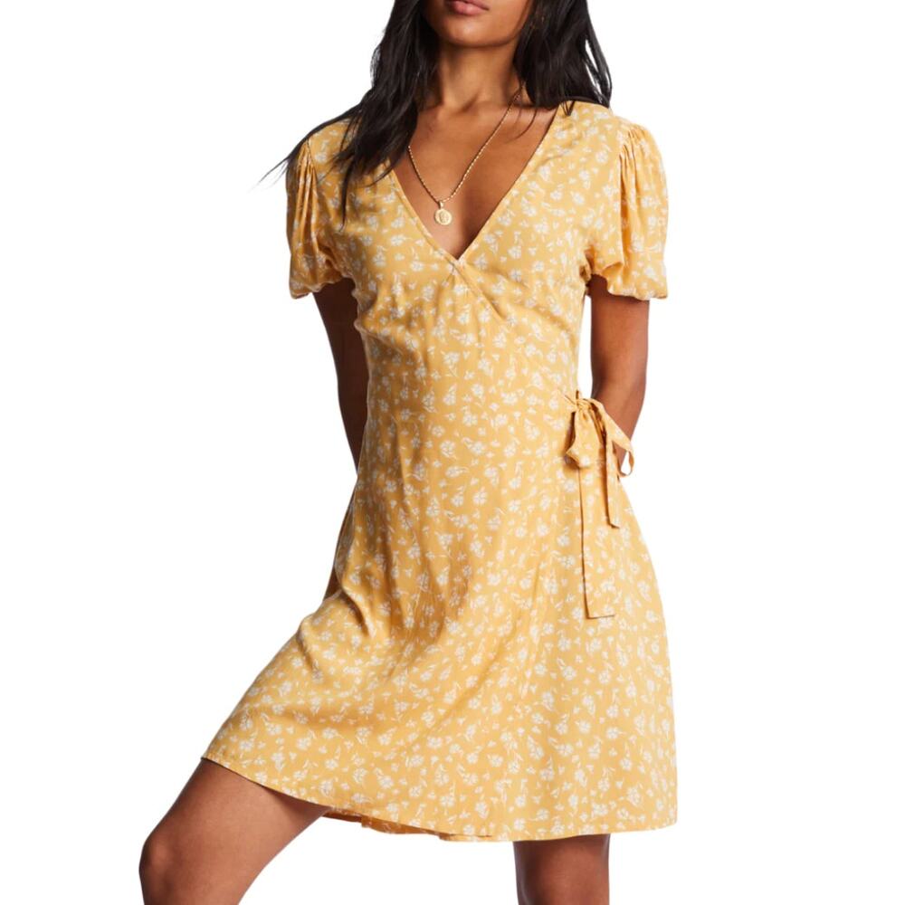 Billabong Hot Tropics Mini Wrap Dress XS Yellow Floral Tie Waist Puff Sleeve